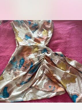 PrettyLittleThing Cream Watercolor Mini Dress with Blue, Yellow & Brown Accents
